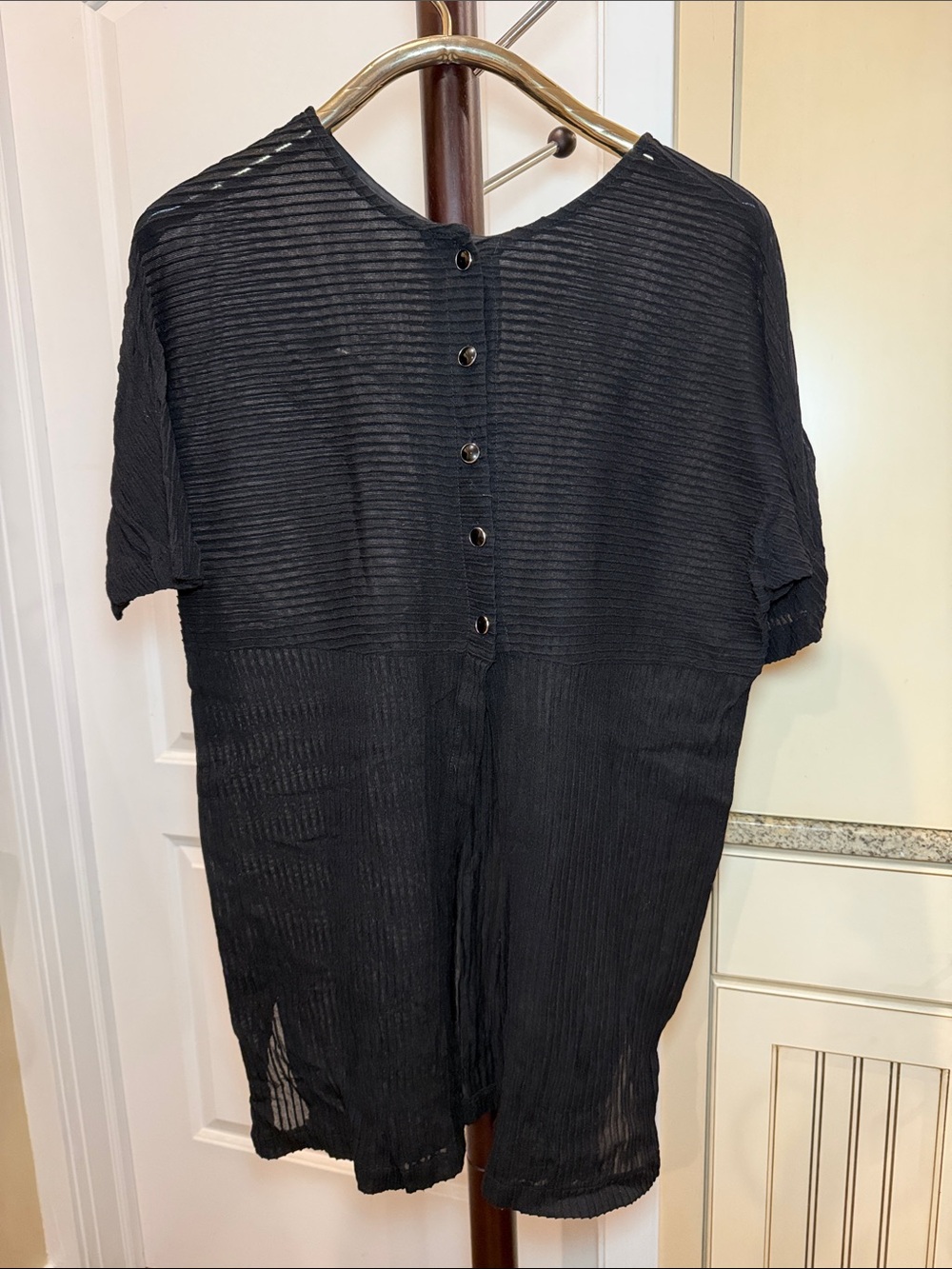 Black Semi-Sheer Button-front Short Sleeve Cover Up